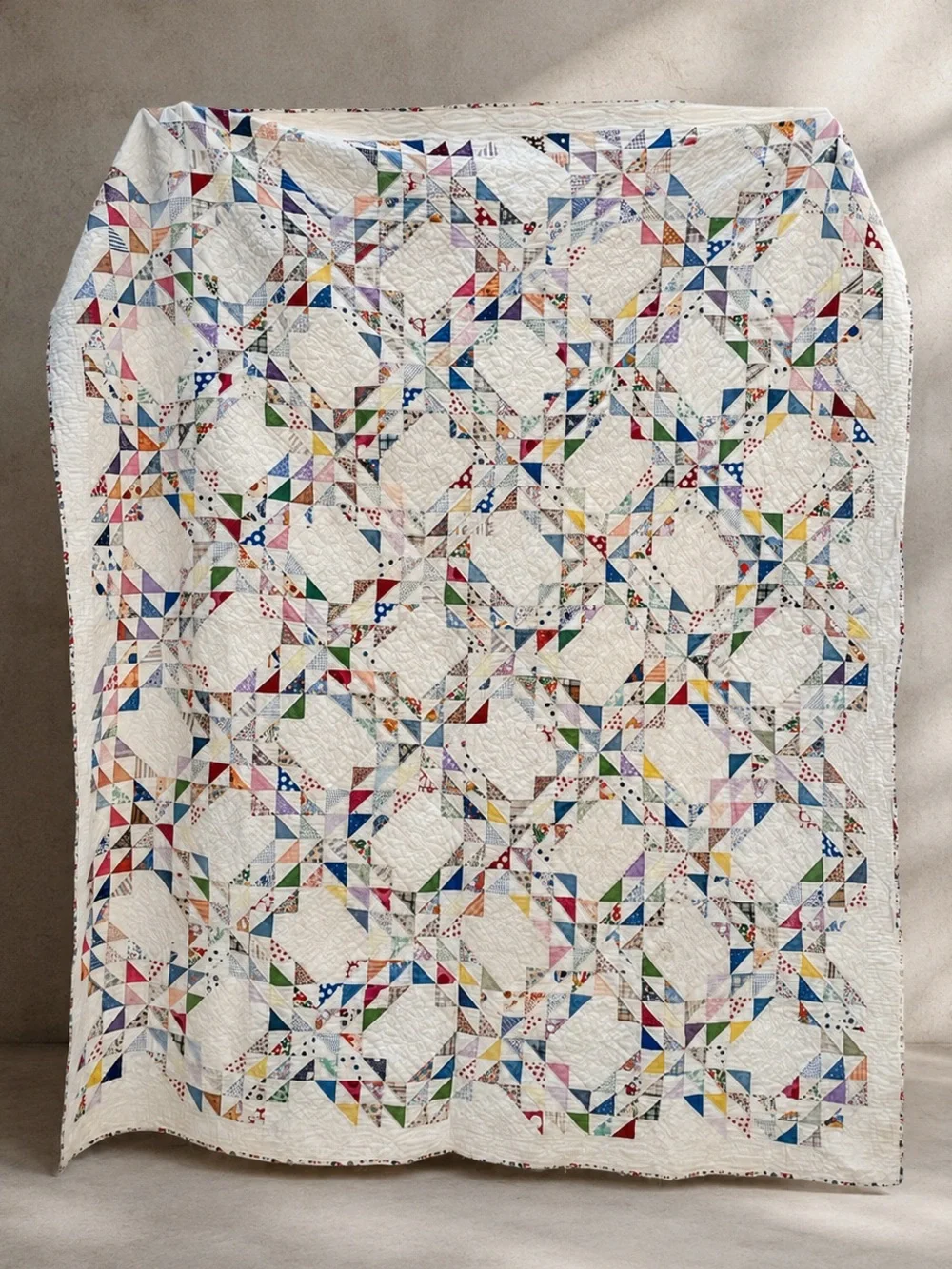 Vintage Feedsack Ocean Wave Quilt Hand Quilted 82x70 Cottage Farmhouse